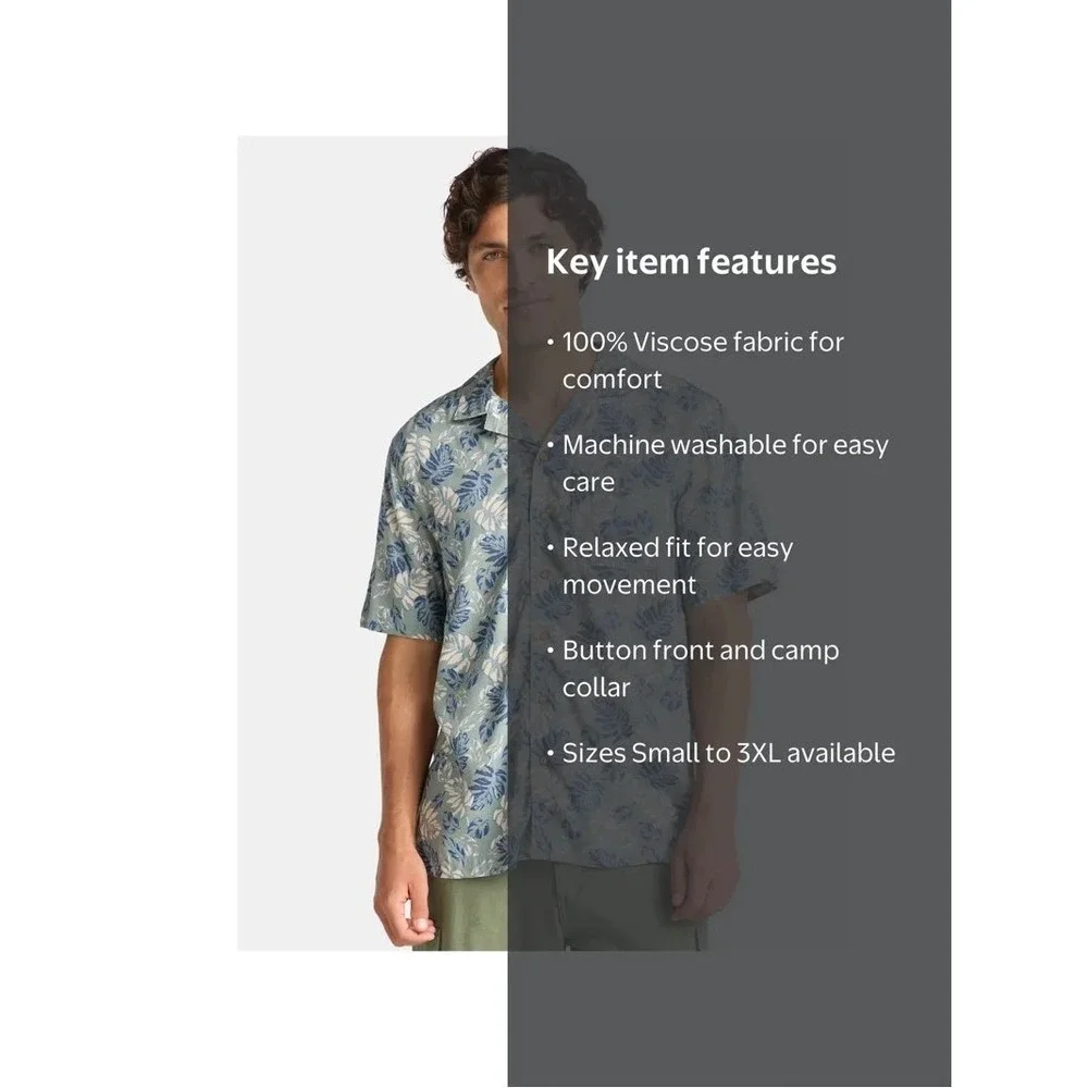 George Mens S Green Tropical Leaf Print Viscose Short Sleeve Camp Shirt Hawaiian